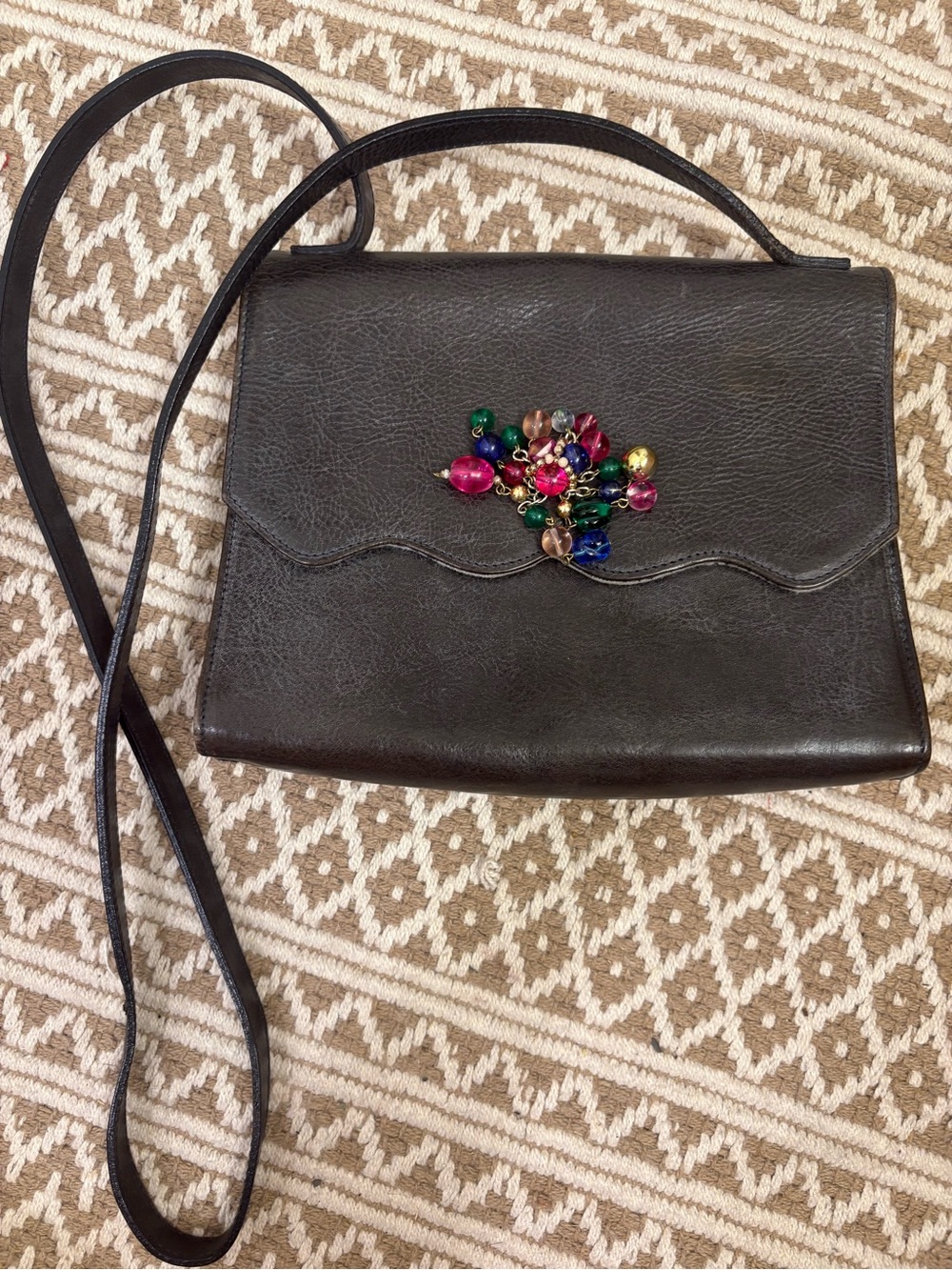 Vintage Furla Italian Leather 1940’s Purse Black Beaded Clutch Shoulder Bag